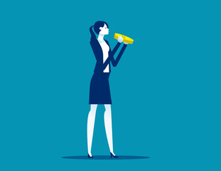 Naklejka premium Businesswoman eating coin. Business financial concept, Finance and Economy