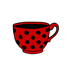 Red polka dot Cup. Mug of black coffee. Hand drawn simple kitchen supplies. Vector illustration isolated on white background