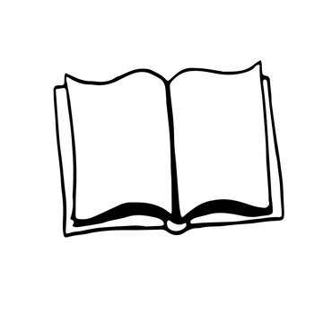 Book. Simple outline drawing of opened book, doodle. Vector hand drawn illustration in black and white. Isolated on white background