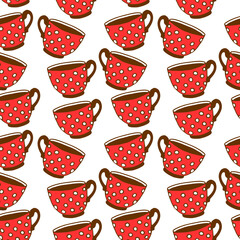 Seamless pattern with red polka dot cups. Vector background and texture with Mugs from hot drink. Hand drawn kitchen supplies isolated. Perfect for packaging, home decoration, textile, menu, cafe