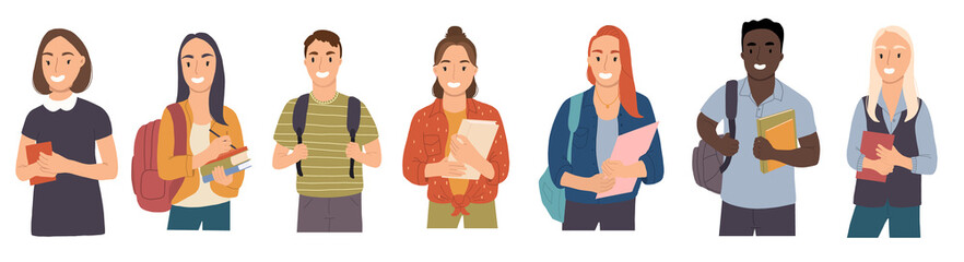 Fototapeta premium Group of students characters. Young girls and boys holding books. Happy teenager in casual clothes. Vector hand drawn flat cartoon illustation.