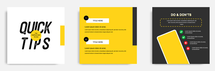 Social media tutorial, tip, trick, quick tips, layout template with geometric background design in black, white, yellow color. Vector illustration