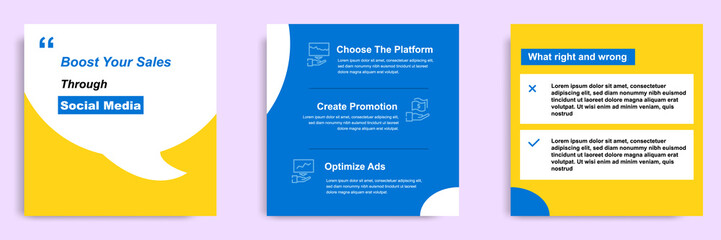 Social media tutorial, tip, trick, quick tips, layout template with geometric background design in blue, white, yellow color. Vector illustration