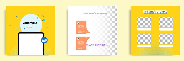 Social media tutorial, tip, trick, quick tips, layout template with geometric background design in blue, white, yellow color. Vector illustration