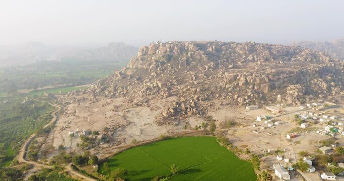 Aerial view of Hampi, Hanuman Temple on top of Rocky Mountain, India