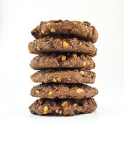 Brown Chocolate Peanut Cookies Top of Each Other, Isolated on White Background