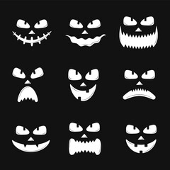 Set of pumpkin faces silhouette icons for Halloween isolated on black background. Scary pumpkin devil smile, spooky jack o lanter. Vector illustration in flat style.