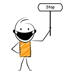 cartoon stickman: Holding board of stop. Vector Illustration