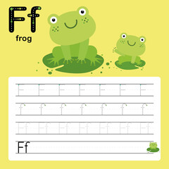 F, frog, Alphabet tracing worksheet for preschool and kindergarten to improve basic writing skills, vector, illustration 