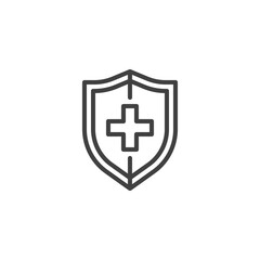 Medical shield with cross line icon. linear style sign for mobile concept and web design. Medical insurance outline vector icon. Symbol, logo illustration. Vector graphics