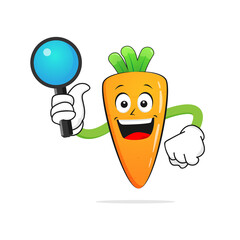 Carrot character smiles holding a magnifying glass with a white background - vector