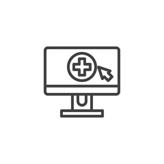 Online Aid line icon. linear style sign for mobile concept and web design. Monitor with medical cross outline vector icon. Symbol, logo illustration. Vector graphics