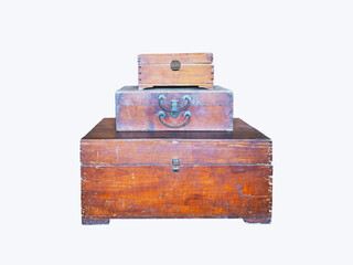 Close up three vintage boxes stacking isolated on white background.