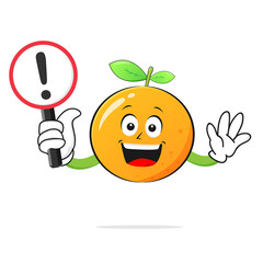 Orange character smiles with a warning sign on a white background -vector