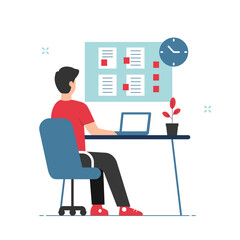 Man working on laptop with busy task schedule illustration. Time management and deadline concept