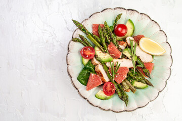 Asparagus salad, Salad bowl banner, catering menu recipe place for text, top view