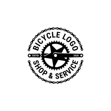 Bicycle, bike shop and service logo retro vintage vector. Chain, crank and gear illustration