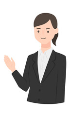 手でこちらと案内してる若い女性のイラスト。