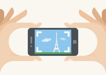 Taking a photo Paris Eiffel Tower. Mobile smartphone camera. photography sharing services (Instagram), people travel, tourism, holiday, famous beautiful places, landmarks, photographers, blog concepts