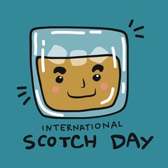 International scotch day. whiskey in cup smiling cartoon vector illustration