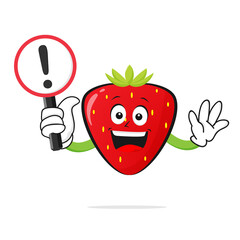 Strawberries character smiles with a warning sign on a white background -vector