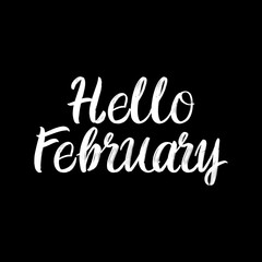 Hello February brush paint hand drawn lettering on black background. Design  templates for greeting cards, overlays, posters