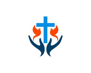 Obraz premium Praying hands with flying bird and cross above