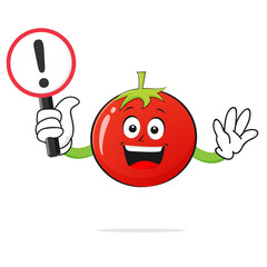 Tomato character smiles with a warning sign on a white background -vector