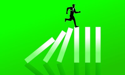 businessman running on top of domino effect, business illustration