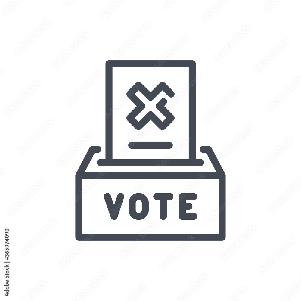 Poster ballot box with negative vote line icon. cross on paper and ballot box vector outline sign.