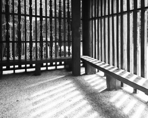 Black and white interior image of classic zen wooden pavilion for meditation show rhythm of wooden...