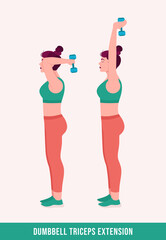 Dumbbell Triceps Extension exercise, Woman workout fitness, aerobic and exercises. Vector Illustration.