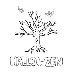 old tree with hollow, bats and lettering halloween hand drawn in doodle style. vector, scandinavian, monochrome. Template for design, sticker, card, poster, invitation, party decor