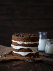 Mini Coffee Layer Cake with Milk on the Background. 3-tier cake with copy space. Dark food photography.