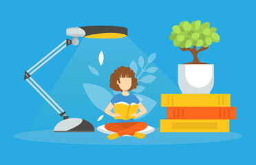 Tiny Woman Reading Book, Female Student Sitting in Lotus Position with Book in Her Hands, Huge Books Piled up Vector Illustration