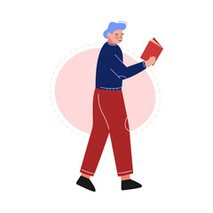 Guy Walking and Reading a Book, Male College or University Student, Young Man Spending Spare Time by Reading Literature Vector Illustration
