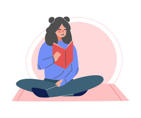 Fototapeta na wymiar Girl Sitting on the Floor with Crossed Legs and Reading a Book, Female College or University Student, Young Woman Enjoying of Reading Literature Vector Illustration