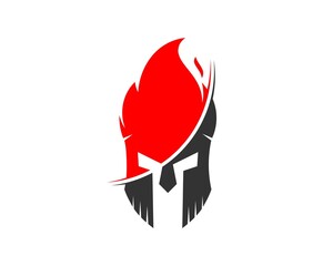 Red and grey spartan helmet and fire