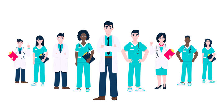 Successful doctors team of medical employee vector illustration isolated on white background. Hospital or medic clinic staff doctor, surgeon, nurse standing up with equipment.