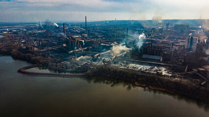 metallurgical production plant full cycle smoke from pipes bad ecology aerial photography