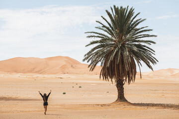 Woman walking in beautiful desert with sand dunes and one lonely palm. View from behind. Freedom...