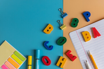 School supplies and stationery.Back to school concept. Frame with various colored stationery. copy space.Teaching children primary school.stationery for the study of mathematics and the alphabet