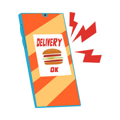 Food Delivery Service, Smartphone with Fast Food Online Ordering App Cartoon Style Vector Illustration on White Background