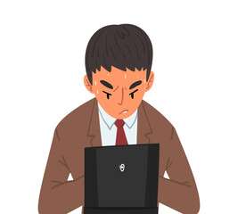 Stressed Sweaty Male Manager Sitting in front of Computer, Man Working Hard with Laptop Vector Illustration on White Background