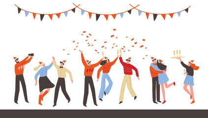 Christmas, xmas eve office party. People simple minimal style celebrate Christmas. People at the party dance. Happy friends.