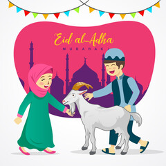 Eid al Adha greeting card. Cute cartoon muslim kids holding a goat for sacrifice with mosque as background. vector illustration
