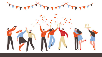 Christmas, xmas eve office party. People simple minimal style celebrate Christmas. People at the party dance. Happy friends.