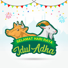 Eid al Adha logo with goat and cow. selamat hari raya Idul Adha  translates to Eid al Adha mubarak