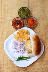 Vada Pav or Wada Pav,Indian Desi Burger is a street  food dish from Mumbai, Maharashtra. Indian street food,Selective focus
