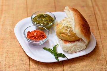 Vada Pav or Wada Pav,Indian Desi Burger is a street  food dish from Mumbai, Maharashtra. Indian street food,Selective focus